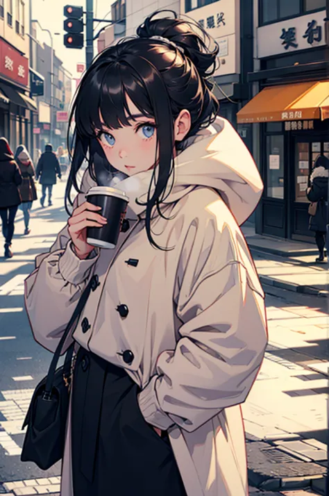 Beautiful girl in oversized winter clothes drinking coffee、In the street、overlooks