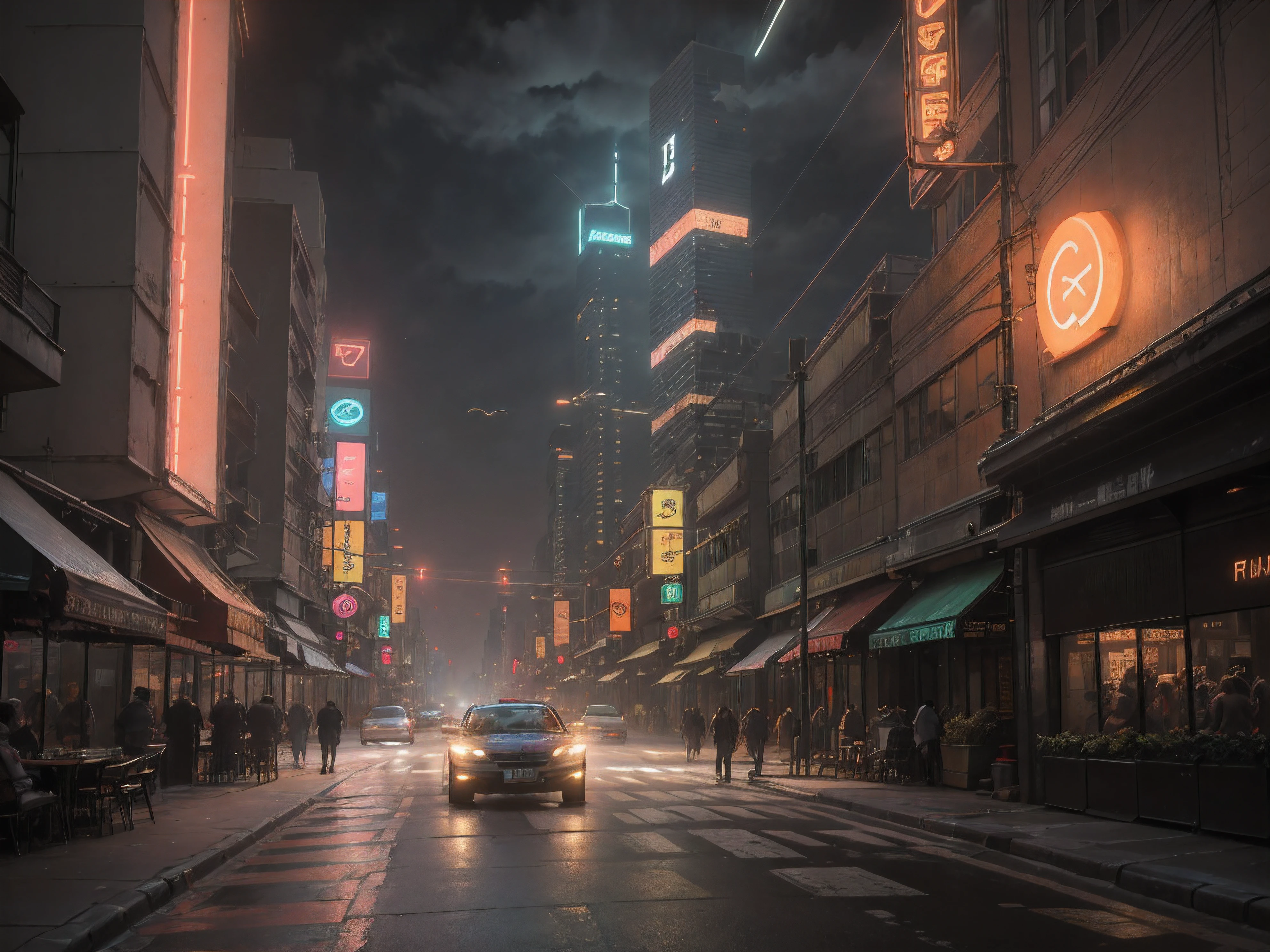 مشهد شارع Cyberpunk Blade Runner سيتي سكيب مع ناطحات السحاب الشاهقة, ((علامة النيون متوهجة)) وأضواء LED, النقل و (سيارة السايبربانك المستقبلية) والسيارات الطائرة في السماء, الألوان الزاهية تتناقض مع الجو المظلم, (ضوء), حلمات مفصلة للغاية.