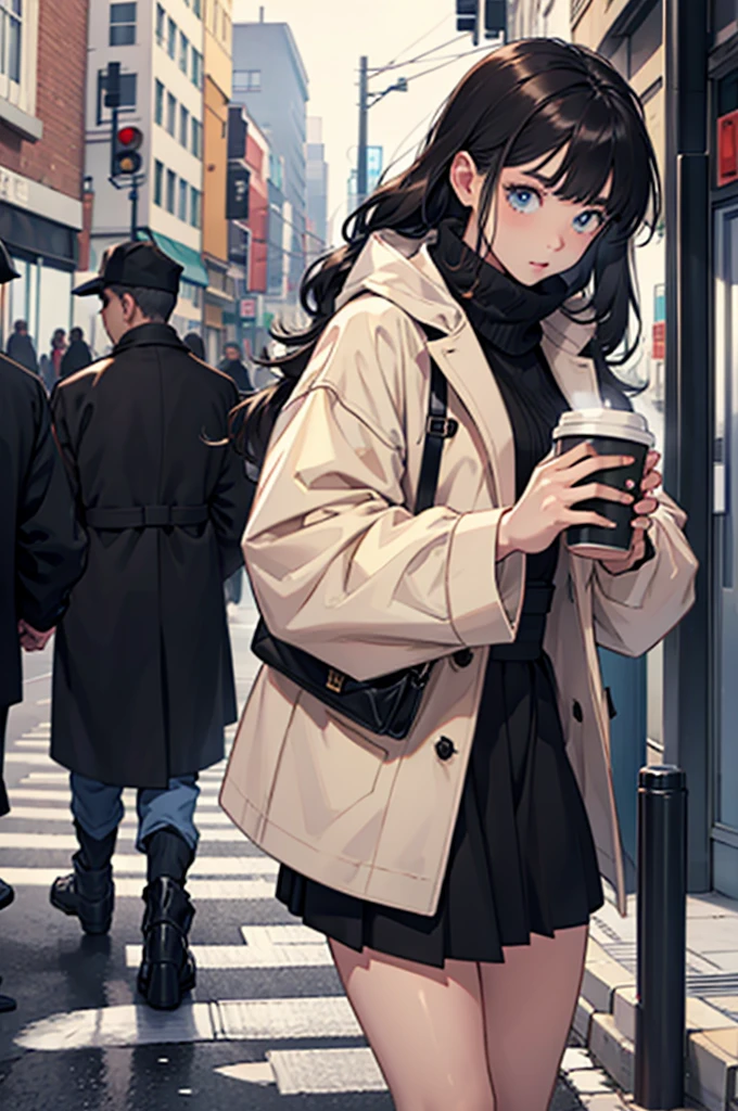 สาวสวยสวมเสื้อผ้าหน้าหนาวตัวใหญ่และดื่มกาแฟ、บนถนน、มองลง