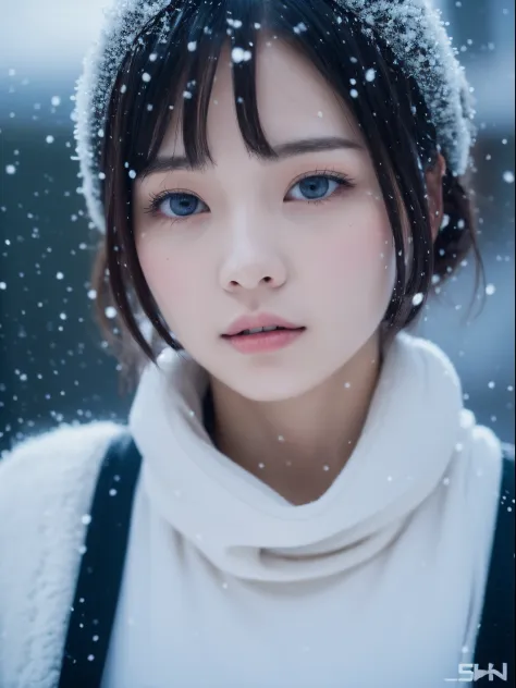 it's snowing、winter villa area、winter sport、close up of woman posing for photo, middle metaverse, 奈良美智, japanese models, beautif...