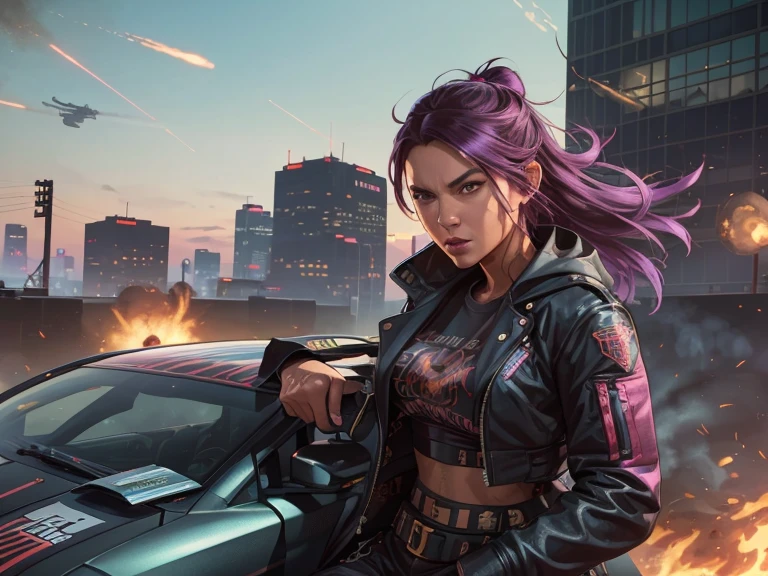 girl in a vibrant cityscape,futuristic vehicles and buildings,neon lights,fast-paced action,high-tech weaponry,explosions,gritty and edgy atmosphere,highly-detailed graphics,immersive open world,exciting car chases,crime and gangster themes,urban chaos,top-notch visual effects,expansive map,character customization,stylish fashion,enthralling storyline,nighttime skyline,beautiful sunset,glowing skyscrapers,realistic physics engine,photo-realistic graphics,high-quality textures,stunning visual details,addictive gameplay,dynamic weather system,cool and confident protagonist,intense gunfights and shootouts,driving through busy streets,breathtaking stunts,police pursuits,endless possibilities,unforgettable gaming experience,vivid colors, cinematic camera angles,thrilling heists and robberies,explosive escape scenes,music and radio stations, multi-player mode for endless fun.