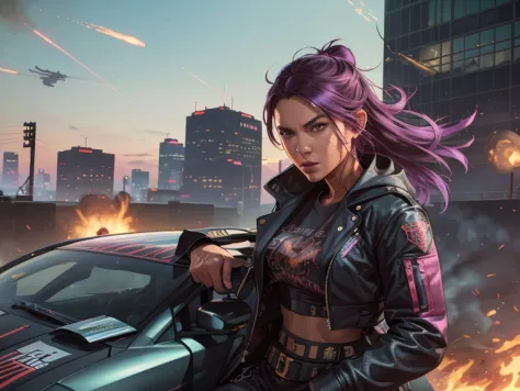 girl in a vibrant cityscape,futuristic vehicles and buildings,neon lights,fast-paced action,high-tech weaponry,explosions,gritty...