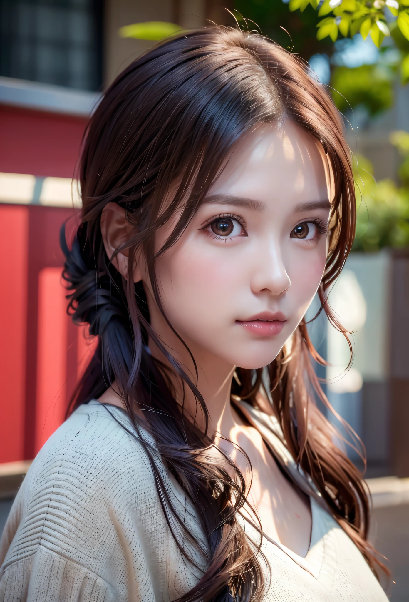 8K, of the highest quality, masutepiece:1.2), (Realistic, Photorealsitic:1.37), of the highest quality, masutepiece, Beautiful young woman, Pensive expression,、A charming、and an inviting look, Oversized knitwear、Hair tied back, Cinematic background, Light skin tone
