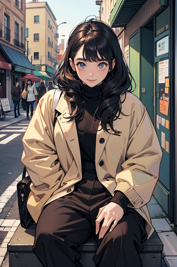 สาวสวยสวมเสื้อผ้าหน้าหนาวตัวใหญ่และดื่มกาแฟ、นั่งบน、บนถนน、มองลง、ยิ้ม