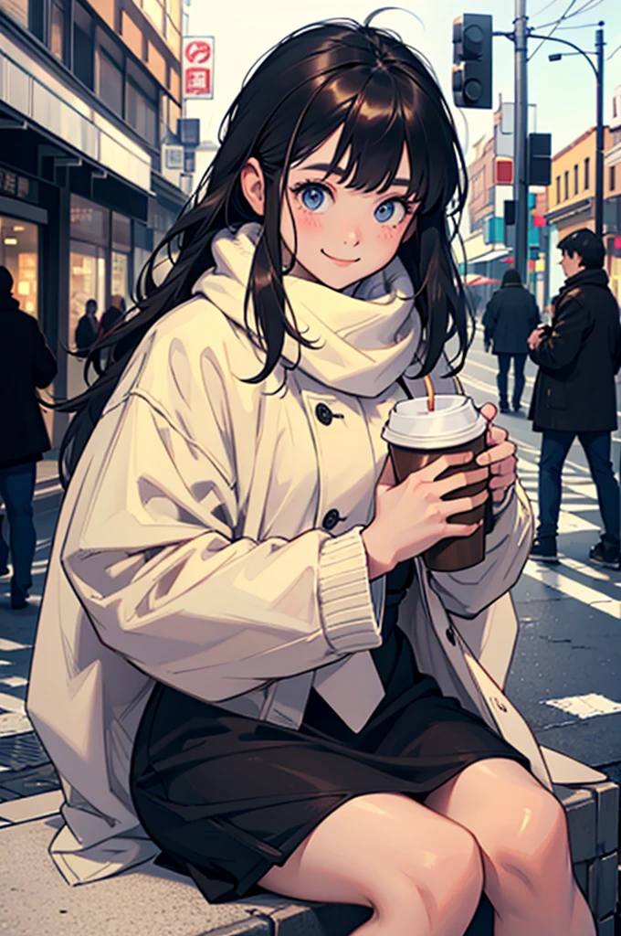 Hermosa chica vistiendo ropa de invierno de gran tamaño y tomando café、sentado en、En la calle、mirando abajo、sonríe