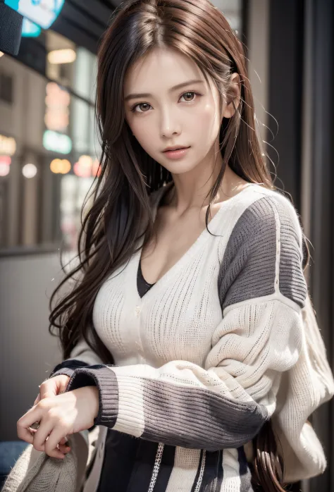 8K, of the highest quality, masutepiece:1.2), (Realistic, Photorealsitic:1.37), of the highest quality, masutepiece, Beautiful young woman, Pensive expression,、A charming、and an inviting look, Oversized knitwear、Hair tied back, Cinematic background, Light ...