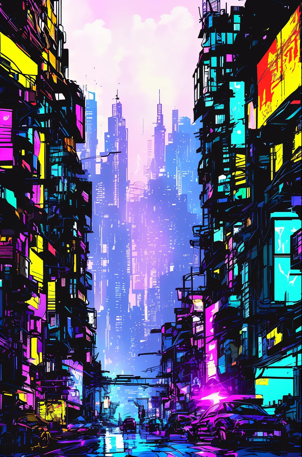 (samdoesarts:1.3), nvinkpunk, realistic cyberpunk landscape, nova, lens flare, northern lights, cityscape, painting, thick line