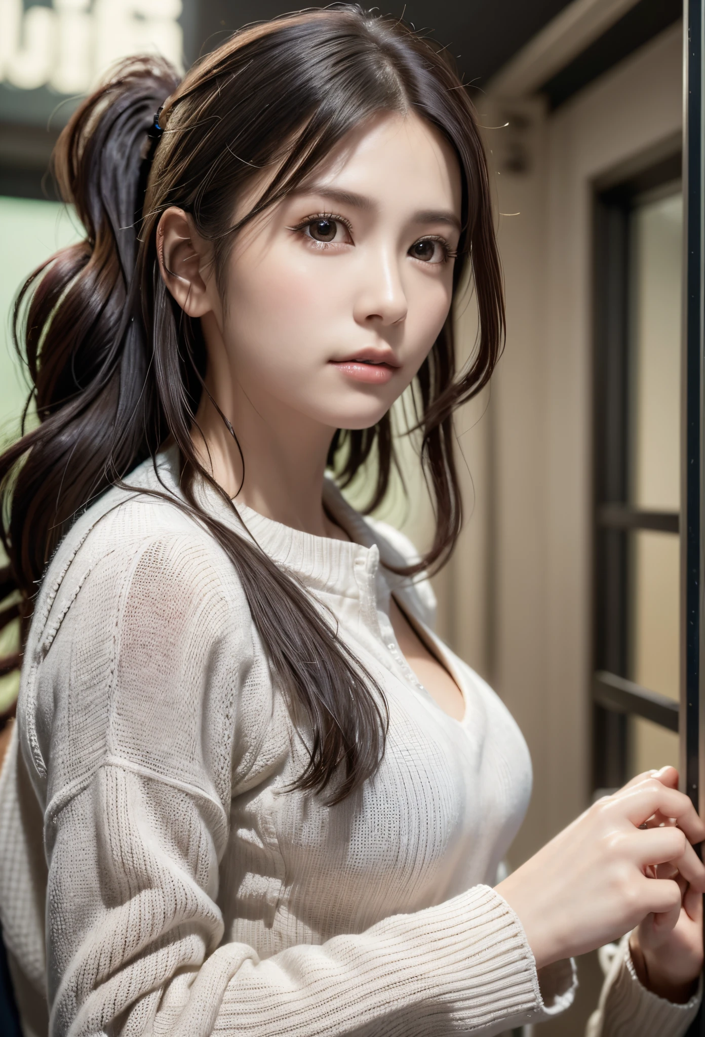 8K, of the highest quality, masutepiece:1.2), (Realistic, Photorealsitic:1.37), of the highest quality, masutepiece, Beautiful young woman, Pensive expression,、A charming、and an inviting look, Oversized knitwear、Hair tied back, Cinematic background, Light skin tone、Ko Shibasaki