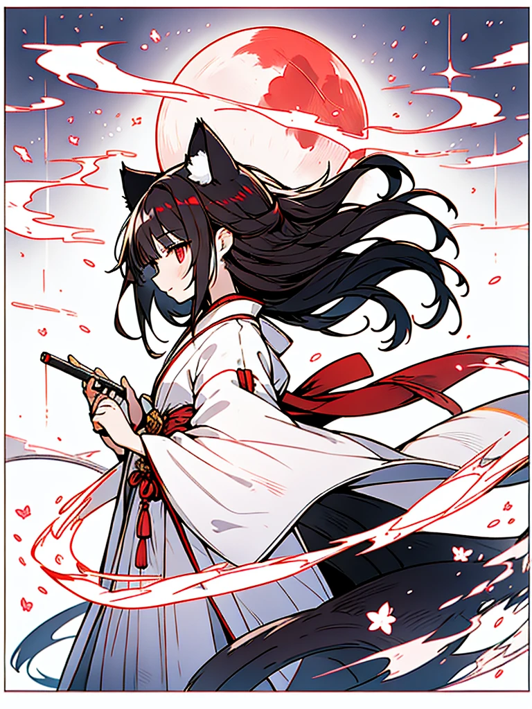 high-level image quality、girl with、18year old、Long black hair、red eyes、White Japanese Clothing、natta、Luminous Eyes、(Cat's ears)、Red Moon、Red Moonlight、cigarette