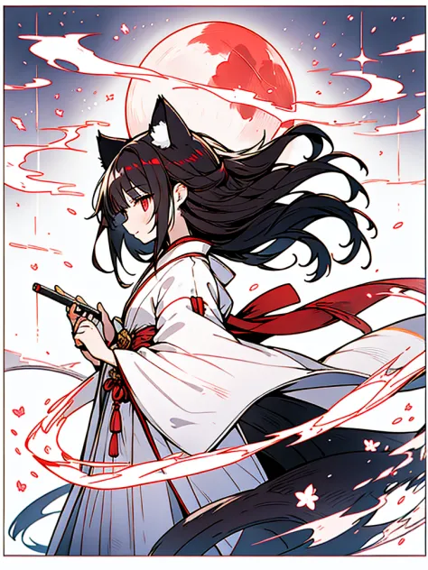 high-level image quality、girl with、18year old、long black hair、red eyes、white japanese clothing、natta、luminous eyes、(cat's ears)、...