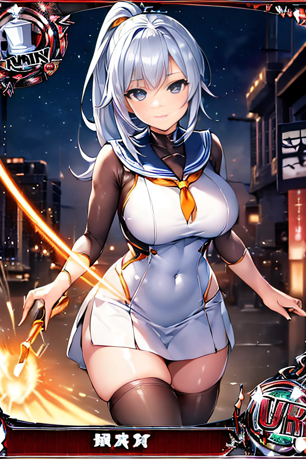 (Trading Card Game Frames:1.7),Cybernetic arm and glowing cyber girl,(J Women's Uniform,a sailor suit,White skirt,),Intense body movements,Add a motion blur effect to simulate motion,Stand on the streets of a desolate battlefield.Surrounded by a network of wires. Surrounded by a net of orange LED circuits. (Cyber Girl with Orange Glowing Sword:1.3), Shiny Silver Shorthair,disheveled ponytail,,Cute smile,Perfect round face,Black eyes,A cheerful smile that makes the viewer happy,Proper body proportion,Intricate details,Very delicate and beautiful hair,photos realistic,Dreamy,Professional Lighting,realistic shadow,Solo Focus,Beautiful hands,Beautiful fingers,Detailed finger features,detailed clothes features,Detailed hair features,detailed facial features,top-quality,Ultra-high resolution output image,) ,(The 8k quality,),(Image Mode Ultra HD,),(Image Mode Ultra HD,),(Sea Art 2 Mode.1:1.3),Science fiction fantasy