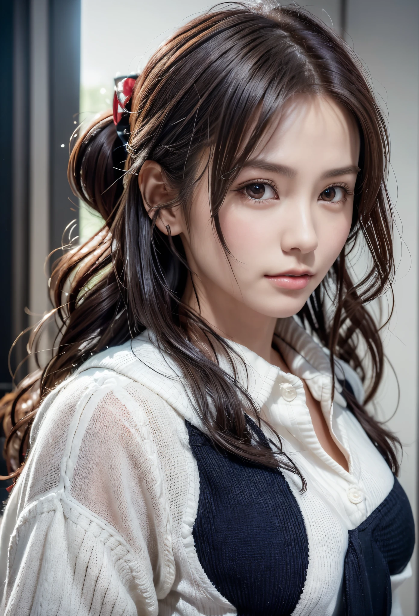 8K, of the highest quality, masutepiece:1.2), (Realistic, Photorealsitic:1.37), of the highest quality, masutepiece, Beautiful young woman, Pensive expression,、A charming、and an inviting look, Oversized knitwear、Hair tied back, Cinematic background, Light skin tone、Ko Shibasaki