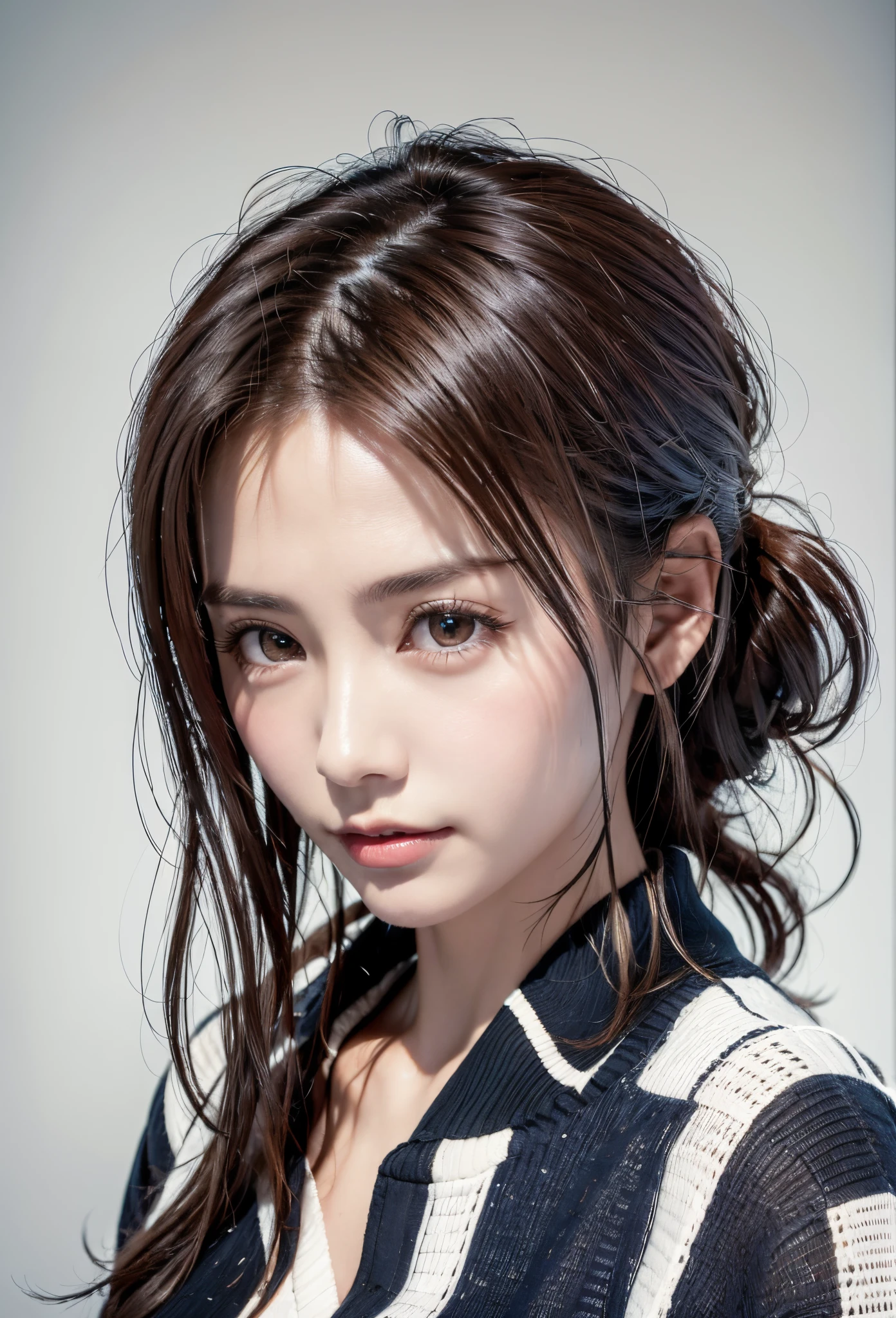 8K, of the highest quality, masutepiece:1.2), (Realistic, Photorealsitic:1.37), of the highest quality, masutepiece, Beautiful young woman, Pensive expression,、A charming、and an inviting look, Oversized knitwear、Hair tied back, Cinematic background, Light skin tone、Ko Shibasaki