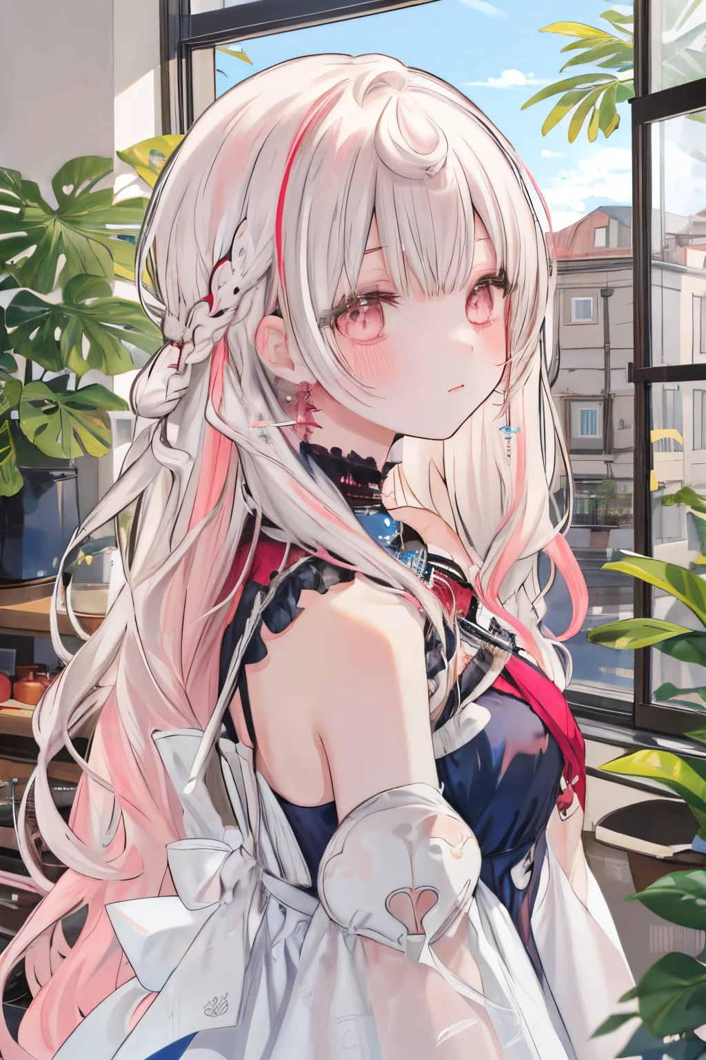 (masterpiece:1.2), best quality,PIXIV,Colorful portraits, 
1girl, solo, long hair, looking at viewer, jewelry, earrings, indoors, bangs, dress, blush, plant, multicolored hair, upper body, shelf, pink eyes, window, potted plant, flower, closed mouth, from side, wavy hair, bare shoulders, sleeveless, pink hair, kitchen, breasts, blue dress,white hair,