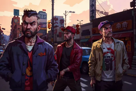 Three people standing on the street corner，There  a bus in the background, gta chinatown art style, gta chinatown art style, grand theft auto art style, GTA V art style, GTA loading screen art, gta art, gta artstyle, GTA V loading screen art, GTA Chinatown...