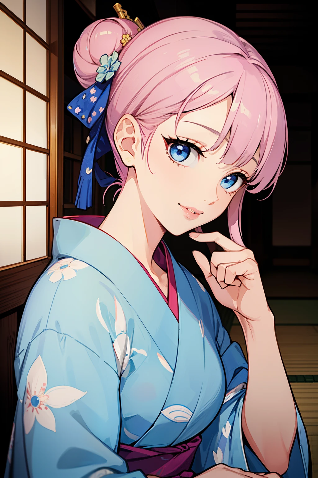 (high-quality, breathtaking),(expressive eyes, perfect face) (((yukata, sexy lips)), 1girl, female, solo, young adult, soft light pink hair, blue coloured eyes, stylised hair, gentle smile, short length hair, loose hair, side bangs, tied up, japanese clothing, elegant, soft make up, hair pin accessory in hair, oiran, demon slayer art style