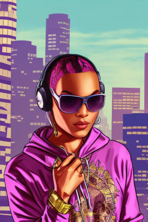 GTA style, Cyberpunk Girl, city, Wearing a hoodie with intricate embroidery, headphones, (pink to orange gradient sky), (masutepiece), (Best Quality), (ultra high detailed)