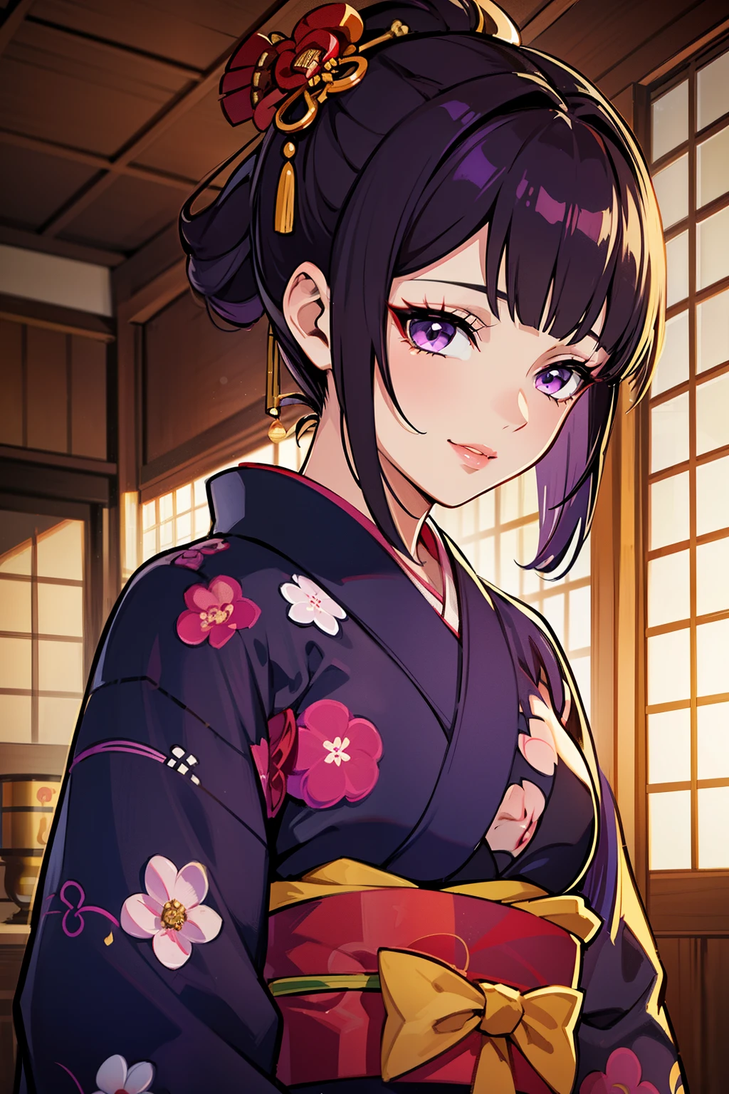 (high-quality, breathtaking),(expressive eyes, perfect face) (((yukata, sexy lips)), 1girl, female, solo, young adult, brown hair, purple streaks in hair, black coloured eyes, stylised hair, gentle smile, short length hair, loose hair, side bangs, tied up, japanese clothing, elegant, soft make up, hair pin accessory in hair, oiran, demon slayer art style