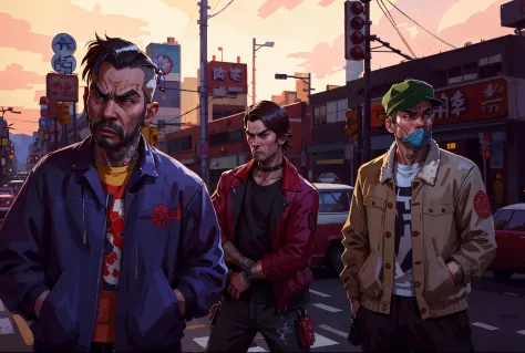 Three people standing on the street corner，There  a bus in the background, gta chinatown art style, gta chinatown art style, grand theft auto art style, GTA V art style, GTA loading screen art, gta art, gta artstyle, GTA V loading screen art, GTA Chinatown...