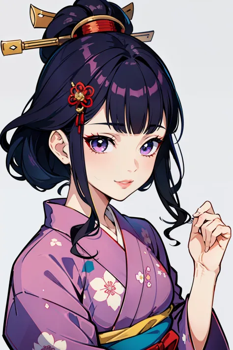 (high-quality, breathtaking),(expressive eyes, perfect face) (((yukata, sexy lips)), 1girl, female, solo, young adult, brown hair, blue streaks in hair, black coloured eyes, stylised hair, gentle smile, short length hair, loose hair, side bangs, wavy hair,...