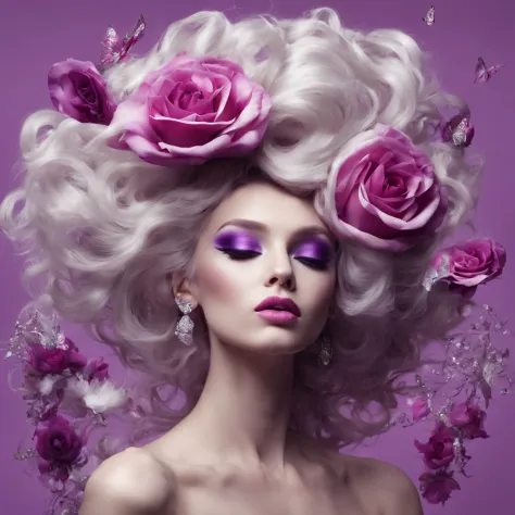 handsome girl, luxury makeup, vogue, abstraction, voluminous hair, roses, chiffon, white+purple+magenta, silver balls, haze, tor...