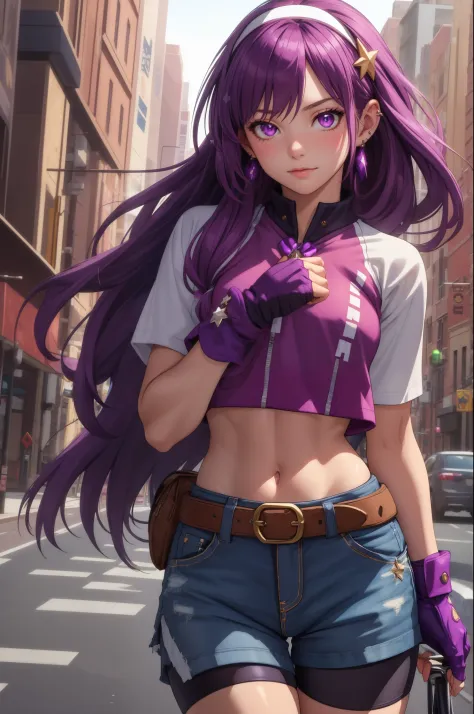 (masterpiece, best quality:1.2), cowboy shot,1girl,solo,purple hair,fingerless gloves,purple eyes,long hair, bike shorts,crop to...