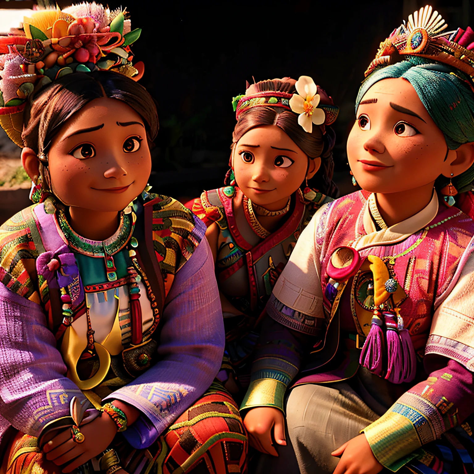 three women in colorful clothing sitting next to each other, ethnic group, tribal clothing, traditional clothing, wearing authentic attire, traditional clothes, vibrant and vivid, tribals, award winning candid photography, portrait shot, wearing traditional garb, barong family member, 1970s philippines, ancient tribe, traditional costume, proud looking, awarding winning, looking happy