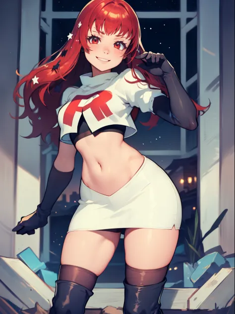 yunaka, star hair ornament, team rocket uniform, red letter r, white skirt,white crop top,black thigh-high boots, black elbow gl...