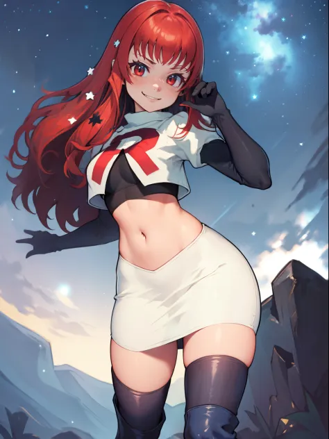 yunaka, star hair ornament, team rocket uniform, red letter r, white skirt,white crop top,black thigh-high boots, black elbow gl...