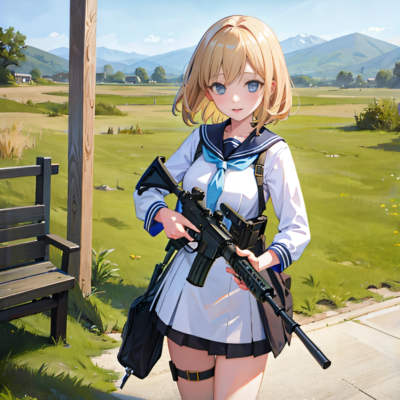 (masterpiece:1.2), best quality, highres, original, extremely detailed wallpaper, perfect lighting,(extremely detailed CG:1.2), 8k, illustration, 1girll，solo, m4 carbine，holding gun, blond hair, white sailor dress, shiny and delicate clothes, outdoor, stand