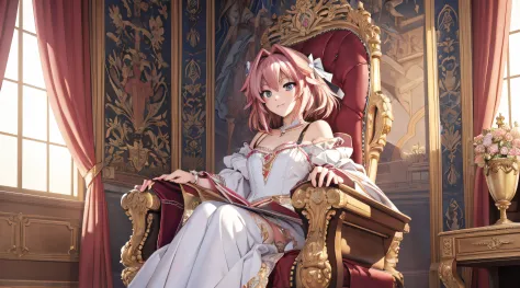 masterpiece, highres, best quality, highly detailed, wallpaper, painterly, brush strokes, one astolfo, sat in the princess chair...