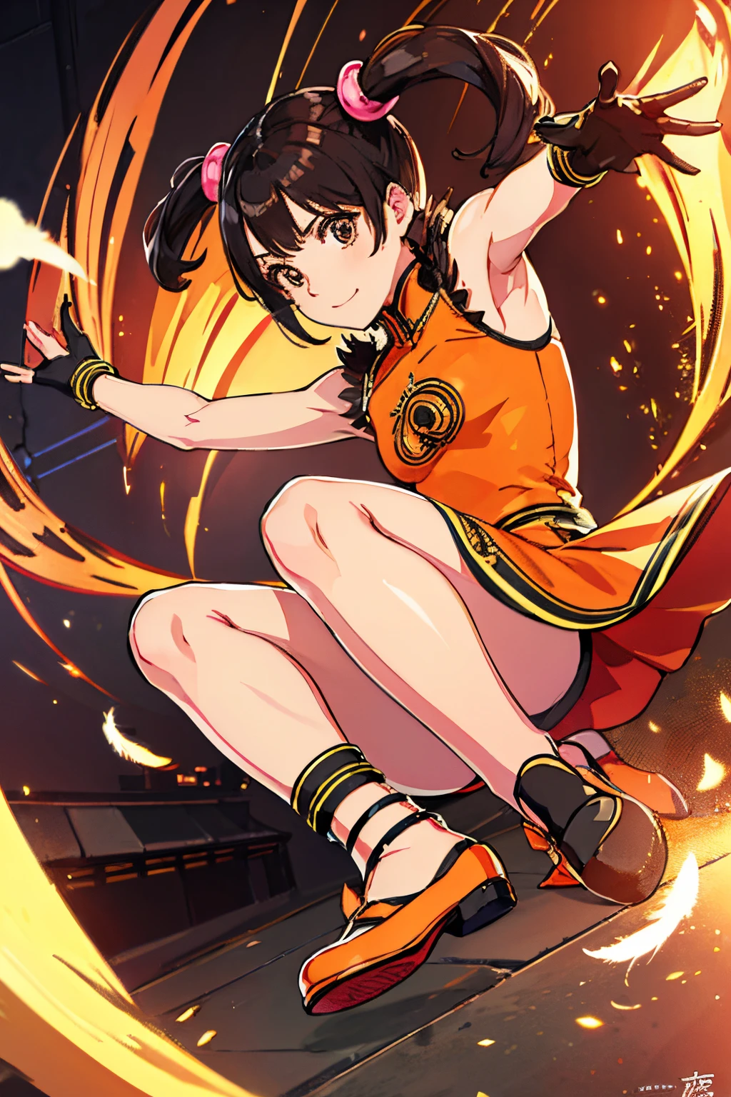 masuter piece, Best Quality, 超A high resolution, top-quality, Anime style, The best lighting, Beautiful face, Lin Xiaoyu, Lin Xiaoyu, (Black hair:1.3), (Brown eyes:1.4), swept bangs, Twin-tailed, (Small breasts:1.2), BREAK black gloves, 手链, chinese clothes, Feather trim, Fingerless gloves, gloves, mary janes, Orange footwear, shoes, single glove, Sleeveless, Dress, Orange dress, BREAK looking at viewer, Break indoors, BREAK (masutepiece:1.2), Best Quality, High resolution, Unity 8k壁纸, (Illustration:0.8), (Beautiful detailed eyes:1.6), extra detailed face, Perfect Lighting, extremely details CG, (Perfect hands, Perfect Anatomy), 1girll, (Arena background:1.2), kawaii faces, Laughing, up of face, Do not draw people in the background