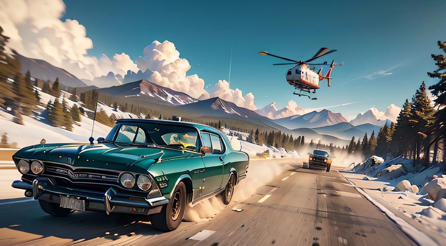 GTA style, (Car Chase:1.3, Dogfight), (Three 1960s cars criss-crossing the wilderness), single wheel driving, reconnaissance helicopter, helicopter, Motion Blur, (masutepiece), (Best Quality), (ultra high detailed)