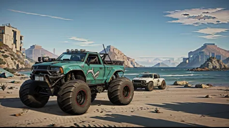 (RAW Photos, Best Quality), (GTA style:1.5), Absurd, awardwinning photo, Extreme Detail, very intricate,, ((Monster Truck)), ((Coastal scenery)), Realistic, Highly detailed, Photography, masutepiece, High quality, hight resolution, Professional Lighting,