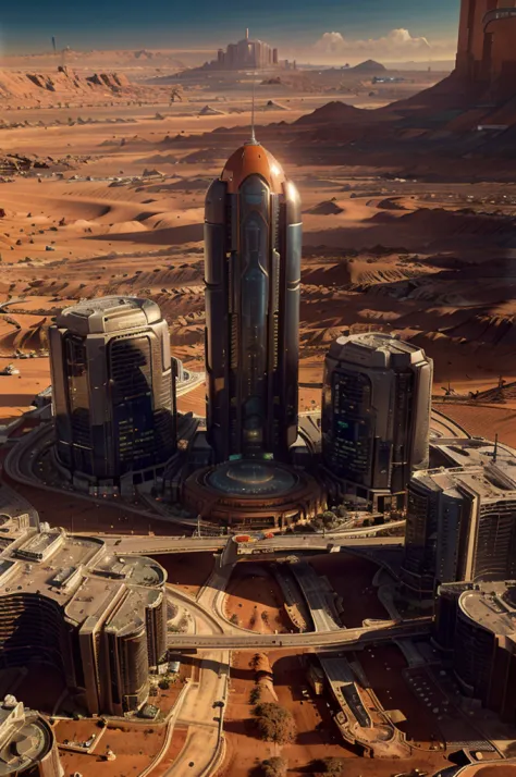 A bustling city rises from the red sands of Mars, showcasing futuristic buildings, innovative technologies, and a diverse popula...