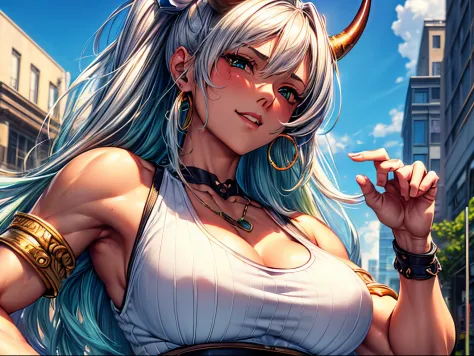 (best quality at best,8k,a high resolution,tmasterpiece:1.2),digital artwork,a muscular girl，detailed face，detailed eyes，oni hor...