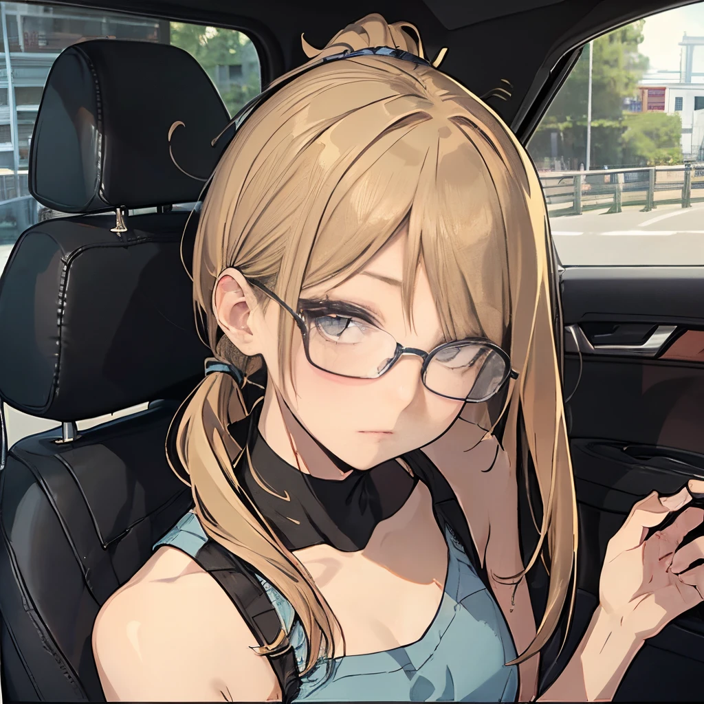 ⓪Action：Sit in the driver's seat, Drive the steering wheel with a confident look, ①Quality：(Ultra-detailed:1.3), masutepiece, 8K, extremely details CG, (1 girl), Perfect hands:1.2), (Perfect Anatomy:1.2), (Beautiful face: 1.1), The specifics of the complex iris, fascinating eye reflection, Glowing highlights of the eyes, Depth and three-dimensionality of pupils, Subtle color changes in the iris, Particular eyelash details,　Depth and three-dimensionality of pupils, ②Lighting：Brightening light, Moody lighting, Nature lighting, Best Illumination, ③ part: (flat chest: 1.4), Floating hair, Detailed face, Detailed eyes, Shiny hair, ④Style: Animation, Illustration, ⑤Subject： (Low Ponytail hair:1.3), (Blonde hair, Straight hair, Long hair,Hair in the middle, Black eyes, Sanpaku eyes ), ⑥Environment：((inside of a car)) ⑦Construction：Upper body, (closeup view: 1.3), Looking at Viewer, Very Wide Shot, From below, ⑧Costume : (Cafe Apron: 1.3), (Glasses:1.5), ⑨Others：(Slender body、small head、Seven-headed body), Wear an apron over a T-shirt,