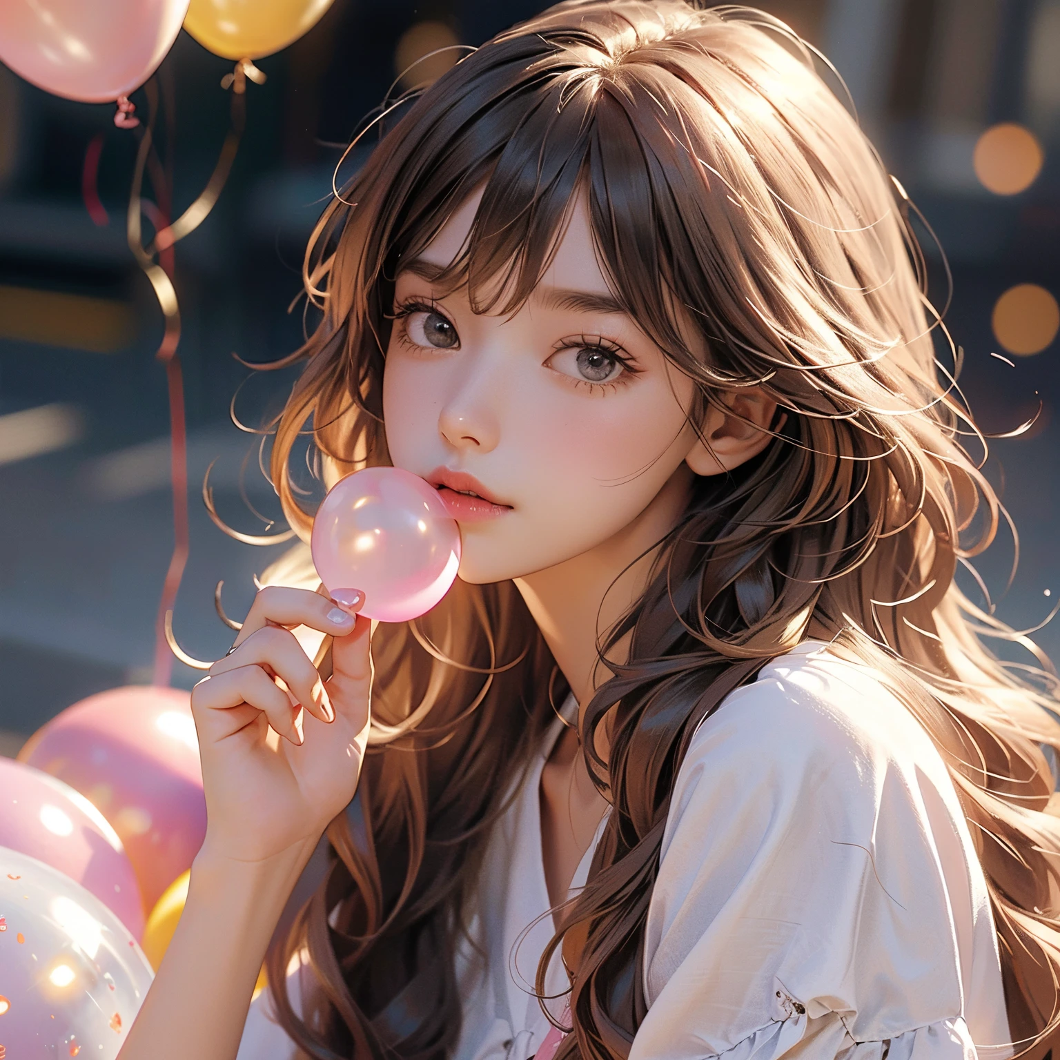 Bubble_gum blowing,with straw Chewing_gums, 1girl in, Solo, baloons, long_hair, Bangs, up looking_で_viewer, Eyelashes, the Extremely Detailed CG Unity 8K Wallpapers,masutepiece, Best Quality, Ultra-detailed, Beautiful detailed eyes:1.2,Best Illumination, (Best Shadow, extremely delicate and beautiful, bloom),