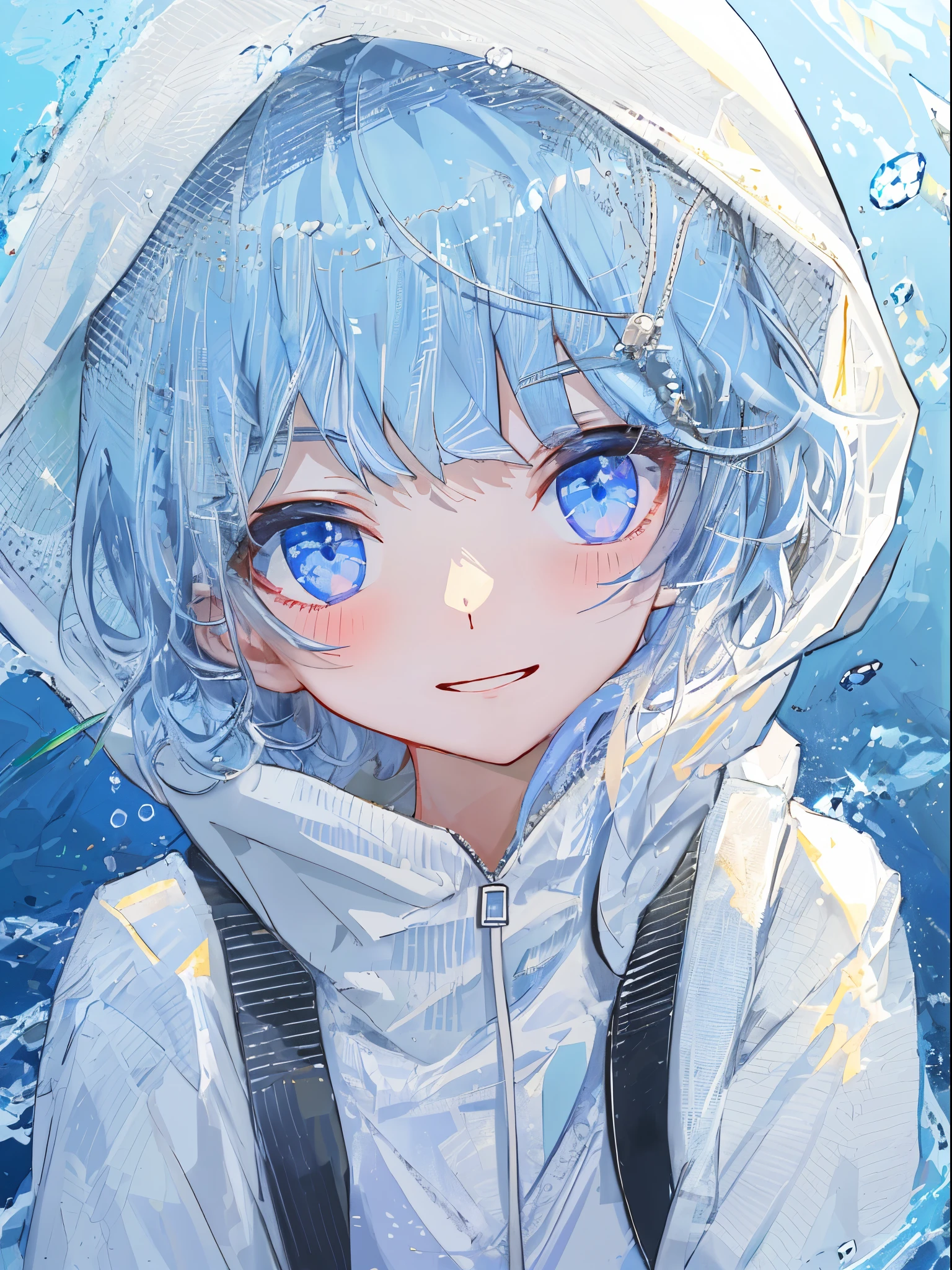 ((top-quality)), ((​masterpiece)), ((ultra-detailliert)), (Extremely delicate and beautiful), girl with, report, cold attitude,((White hoodie)),She is very(relax)with  the(Settled down)Looks,depth of fields,Evil smile,Bubble, under the water, Air bubble,Underwater world bright light blue eyes,inner color with bright gray hair and light blue tips,,,,,,,,,,,,,,,,,,,,,,,,Cold background,Bob Hair - Linear Art, shortpants、knee high socks、White uniform like school uniform、Light blue ribbon ties、Clothes are sheer、The hand in my right pocket is like a sapphire,Fronllesse Blue, A small blue light was floating、fantastic eyes、selfy,Self-shot、Bangs fall on the eyes, give a sexy impression.