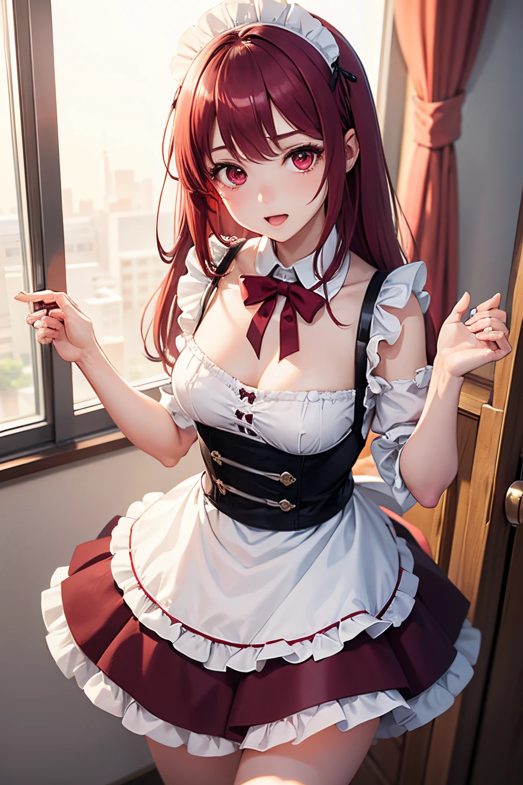 1girl in,a miniskirt、Maid clothes、View from above、red eyes、Exposing the chest、aroon hair)、