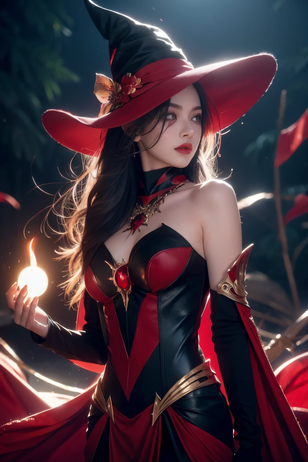 Long black hair, red eyes, laced chocker, medium breasts, red ruby pendant, glowing red eyes, red magic, messy hair, mature female, face tattoos, ((beautiful black eyeliner:1.2)), black witch hat, witch garments, beautiful superiority, ((glowing cuffs:1.2)), iconic witch location, ((Night:1.2)), standing in open field, spruce trees, vacation spot, Pale skin,starrystarscloudcolorful,(unusual pupils), (glowing eyes), (magic eyes)