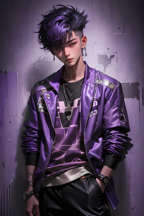 kpop young age boy with fade cut dark purple, attractive open purple jacket with dark blue shirts, smile, attractive, casino bac...