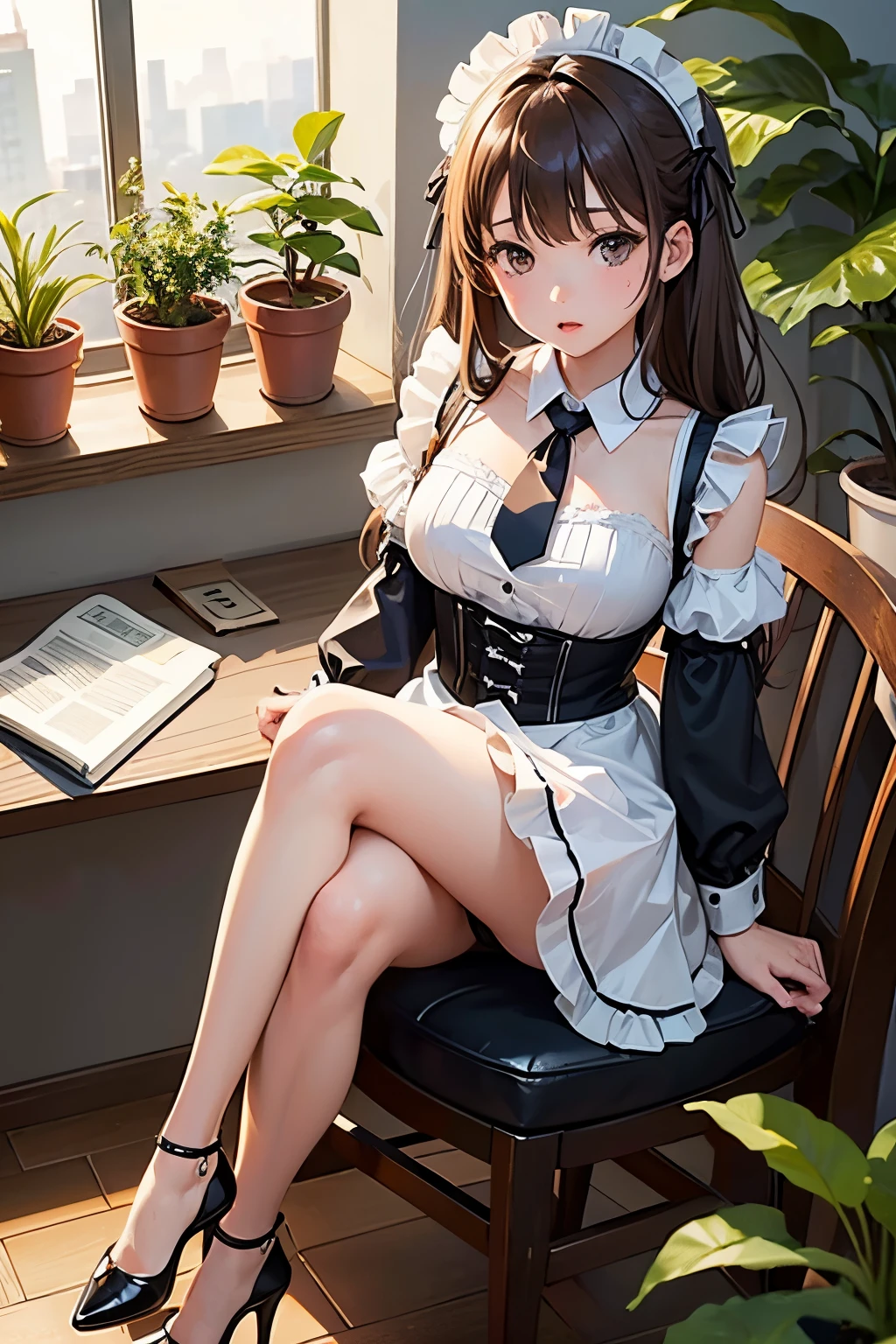 1girl in,a miniskirt、maid clothes、View from above、Exposing the chest、Brown hair、Sit on a stool、high-heels、Plants in the background、Ribbon tie、spread legswide、opens legs、black panties、