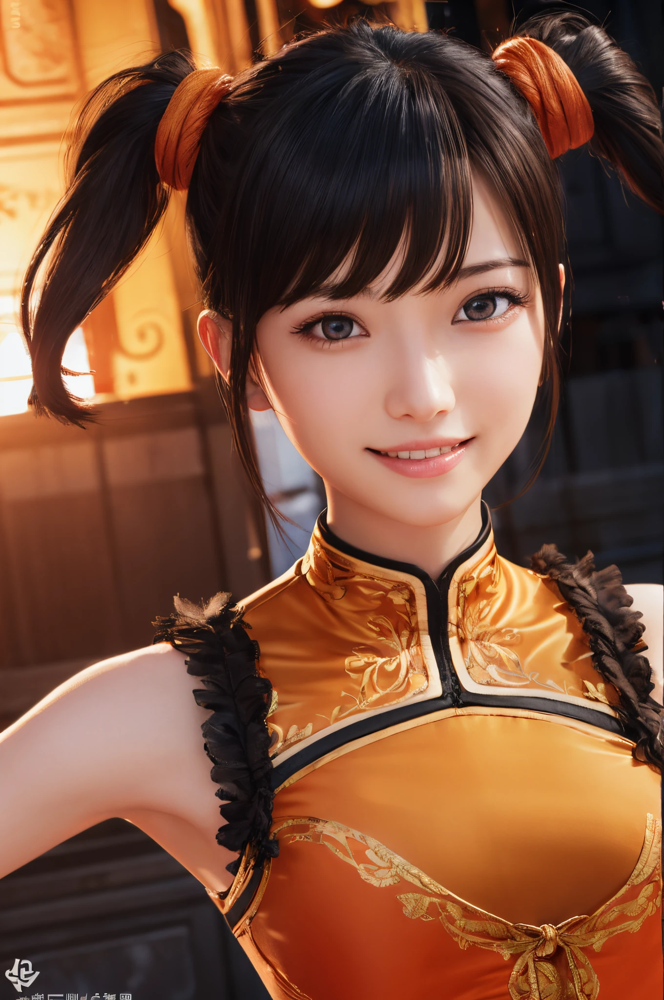 top-quality, 8K, ultra-detailliert, Photorealsitic, Beautiful face, Lin Xiaoyu, Lin Xiaoyu, (Black hair:1.3), (Brown eyes:1.4), swept bangs, Twin-tailed, (Small breasts:1.2), BREAK black gloves, Bracelet, Chinese leather trim:1.4), Fingerless gloves, gloves, mary janes, Orange footwear, shoes, single glove, Sleeveless, Dress, Orange dress, BREAK looking at viewer, Break indoors, BREAK (masutepiece:1.2), Best Quality, High resolution, Unity 8k壁纸, (Illustration:0.8), (Beautiful detailed eyes:1.6), extra detailed face, Perfect Lighting, extremely details CG, (Perfect hands, Perfect Anatomy), 1girll, (Arena background:1.2), kawaii faces, Laughing