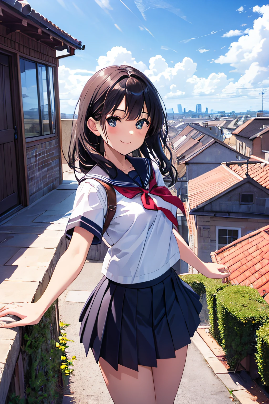 very cute and beautiful school girl,Teen,(very detailed beautiful face and eyes:1.2),(Cowboy Shot),
Smile,Black hair,Seifuku,(Mini skirt),Dynamic Pose,Dynamic Angle,Looking at Viewer,
many european houses with red roofs,(Town overview),
(Best Quality,masutepiece:1.2),Intricate details,Ultra-detailed,8K resolution,Solo,Natural lighting,
Hair fluttering in the wind,Beautiful detailed sky,