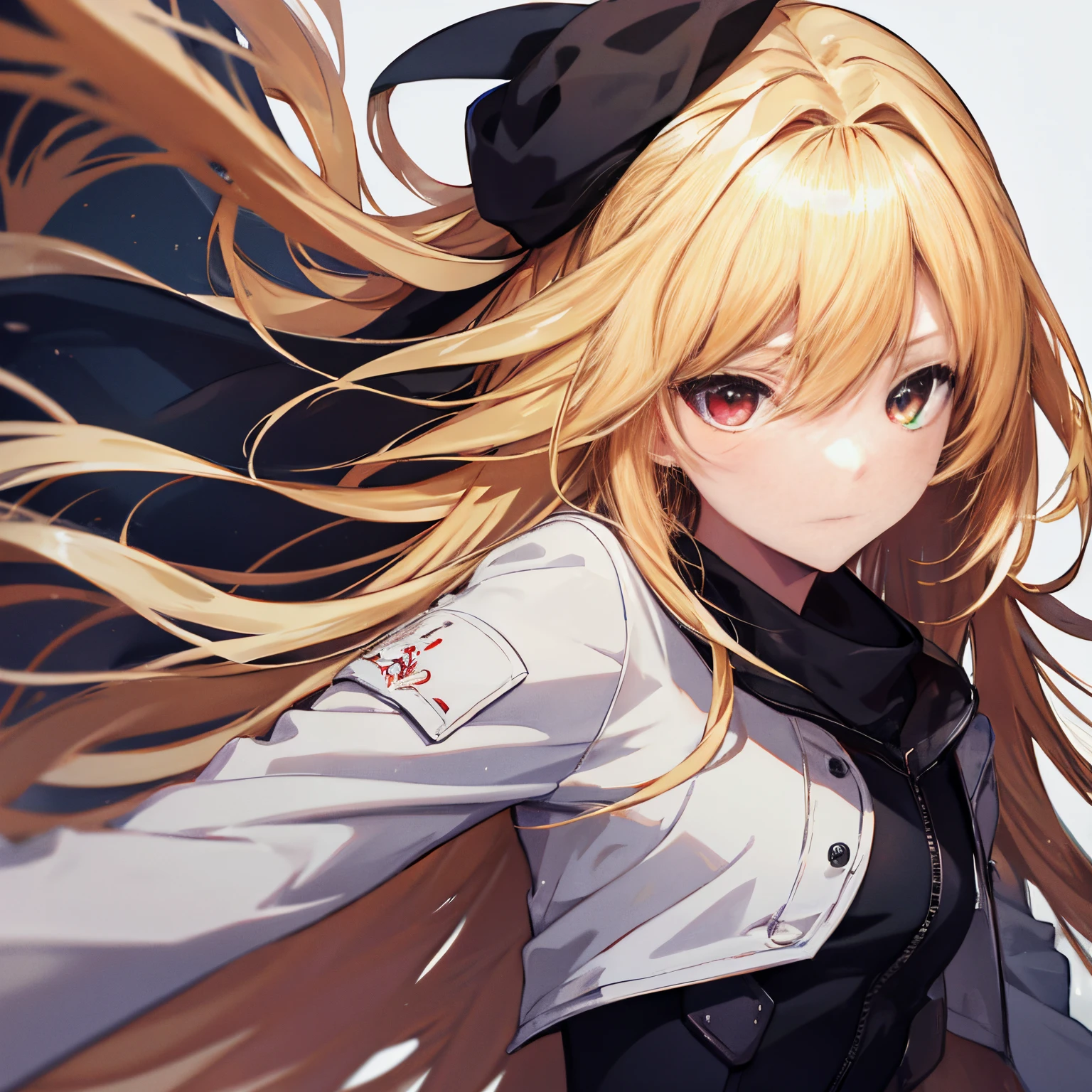 (masutepiece:1.2, Best Quality),  [girl, Manteau, expressioness, , girl with long blonde hair,red eyes, blonde anime girl with long hair ,white Jacket comes off, Upper body] Gray white background、,