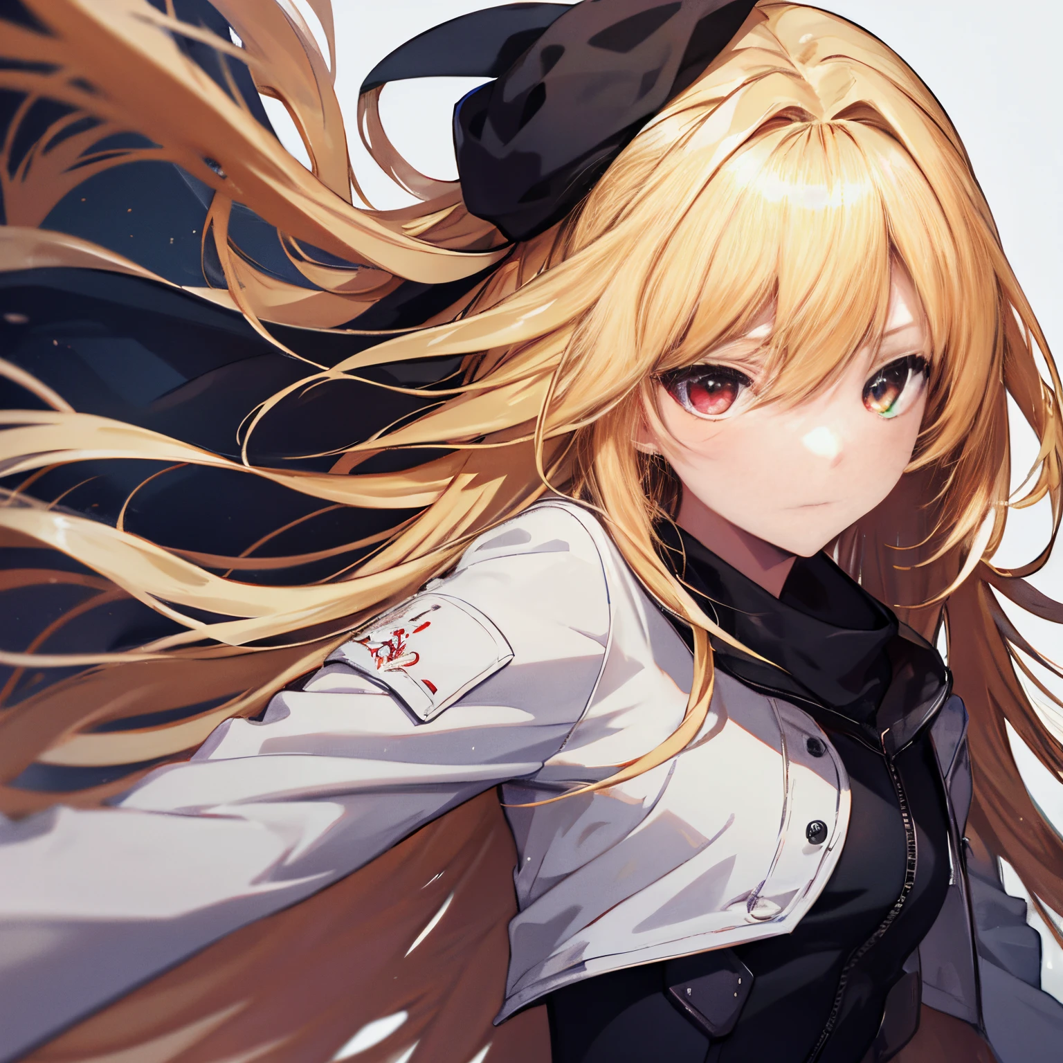 (桌上:1.2, 最好的质量),  [女孩, 外套, 表现力, , 女孩 with long blonde hair,红眼睛, blonde anime 女孩 with long hair ,白色外套脱落, 上半身] 灰色白色背景、,