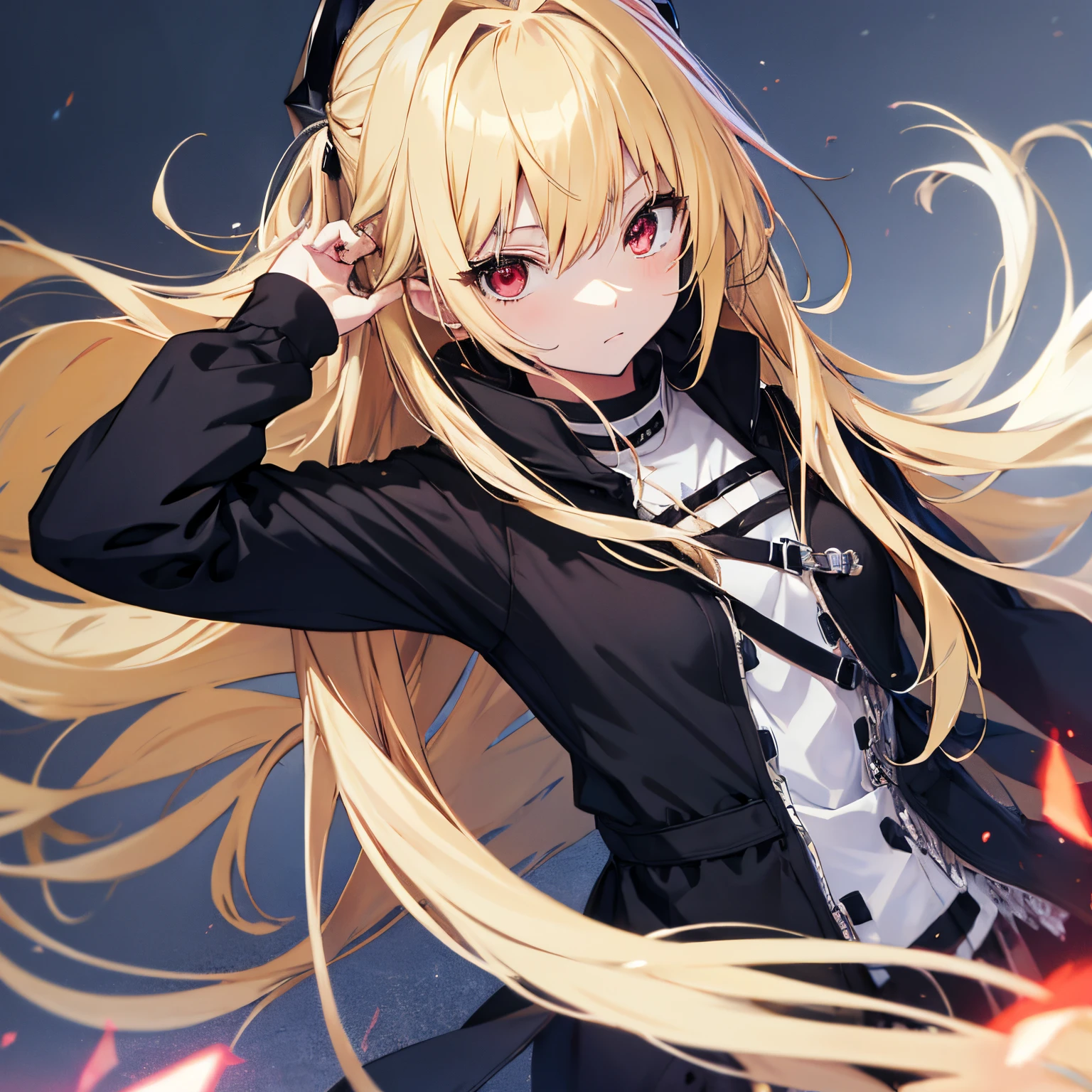 (masutepiece:1.2, Best Quality),  [girl, Manteau, expressioness, , girl with long blonde hair,red eyes, blonde anime girl with long hair ,white Jacket comes off, Upper body] Gray white background、,