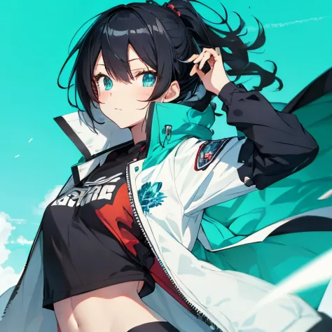 (masutepiece:1.2, best quality),  [girl, manteau, expressioness, turquoise eyes, front facing, jet-black hair, jacket comes off,...