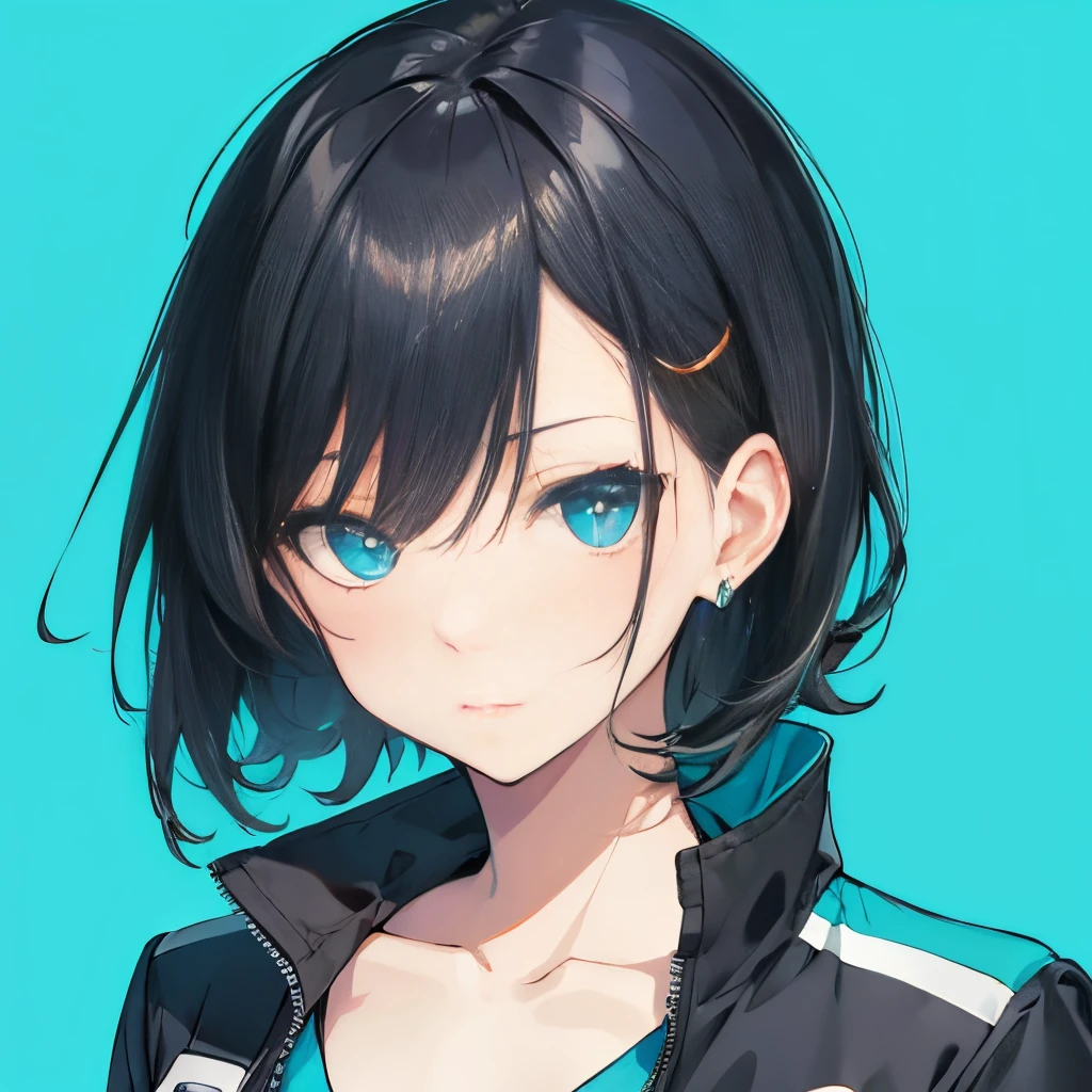 (masutepiece:1.2, Best Quality),  [girl, Manteau, expressioness, Turquoise eyes, front facing, jet-black hair, Jacket comes off, ]